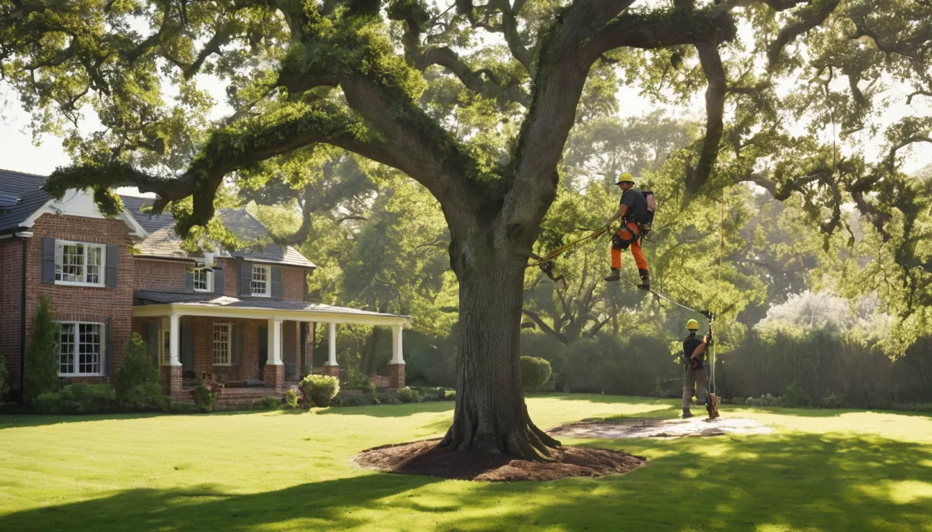 A tree removal provider working safely on a large backyard tree in Atlanta